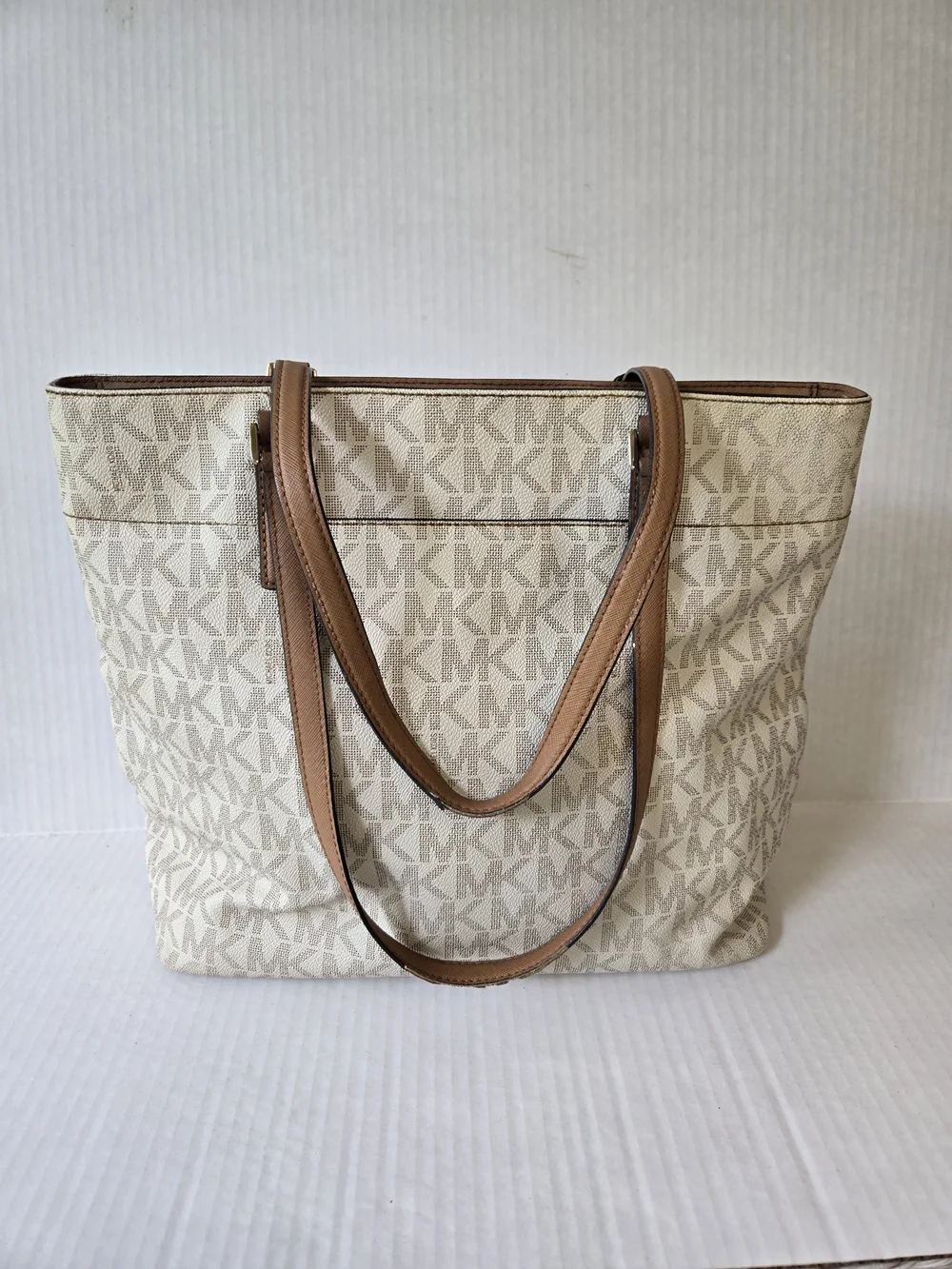 Michael Kors Cream Signature MK Tote with Tan Leather Straps